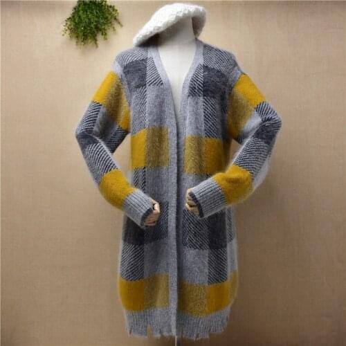 Ladies women fashion hairy angora rabbit hair knitwear long sleeves plaid loose long cardigans autumn winter jacket coat sweater