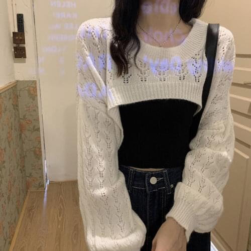 Korean Cropped Sweater Hollow Out Women Short Tops Knitwear Solid Loose Vest 2020 Autumn Long Sleeve Clothing Sexy Short Sweater