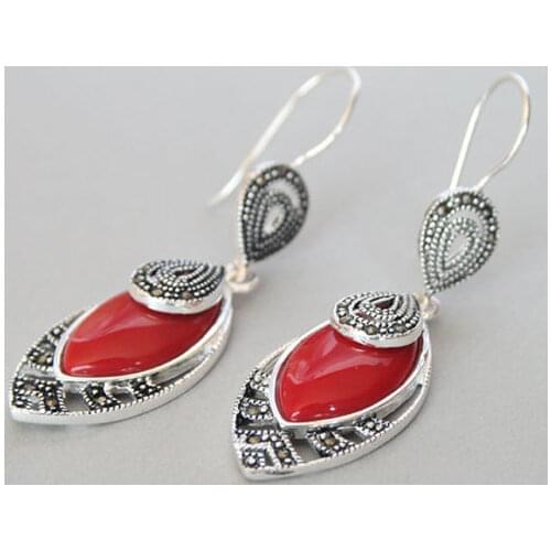 Hot sell Noble- 21/5" Vintage New 925 Silver Red Coral Marcasite Hook Earrings