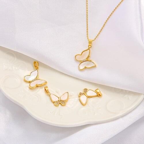 Fashion Cute 18K Gold Plated Brass Copper Butterfly Charm Pendant with Natural Shell MOP Zircon Rhinestone for Necklace Earring