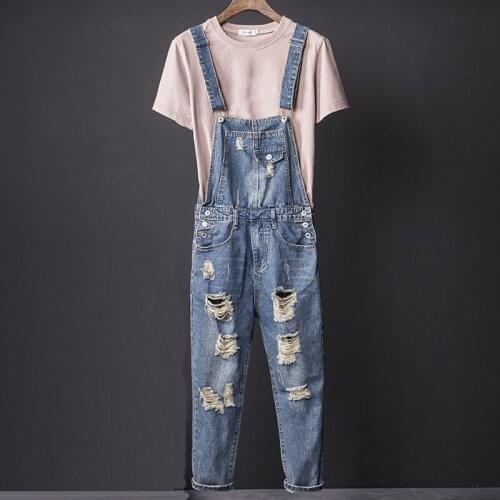 Summer 2018 New Mens Ripped Hole Washed Ankle Length Denim Jumpsuits , Male 5XL 4XL Jeans Overalls , Rompers Jumpsuit For Men