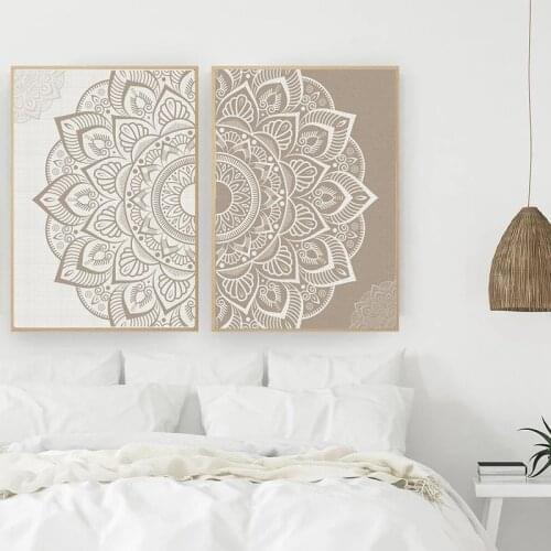 Mandala Flower Pattern Wall Art Print Beige Bohemian Canvas Painting Poster Picture Room Living Room Home Interior Decoration