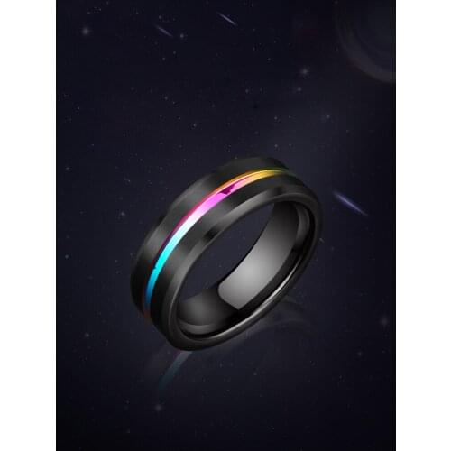 New Unisex Engagement Rings 8mm Width Black Tungsten Carbide Band Colorful Rainbow Line Groove Charm Jewelry Size 6-13