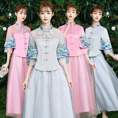 New Chinese Style Embroidery lace flower Tulle Elegant Wedding Party gray pink Bridesmaid Dresses,Summer Party Prom Dress