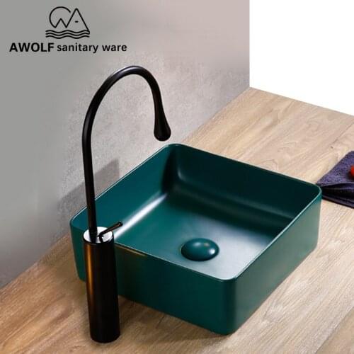 Bathroom Sinks Ceramic Vessel Art Forest Dark Green Basin Sink With Ceramic Pop Up Drain Solf Hose Without Overflow Hole AM801