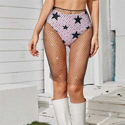 Sexy Women Rhinestone Fishnet Skirt See Through Sexy Club Party Bikini Cover Up