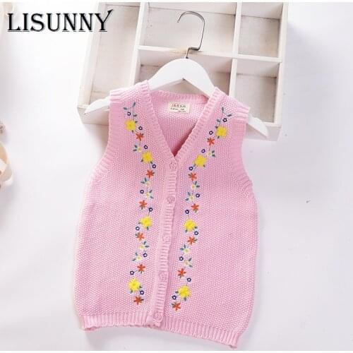 Girls Sweater Vest Autumn 2021 New Baby V-neck Embroidered Flowers Kids Vest Knit Toddler Cardigan Children Coat V-Neck 2-7y