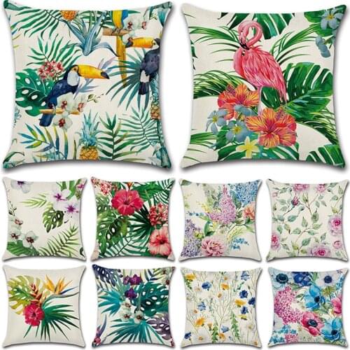 Tropical Plant Parrot Flowers Cushion Cover Sofa Pillow Decorative Flamingo Cushion Cover Green Leaves Cotton Linen Pillowcase