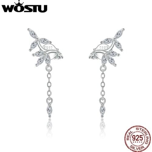 WOSTU Elegant Flowers Tassel Earrings 100% 925 Sterling Silver Dazzling Zircon Long Earrings For Women Wedding Jewelry CTE350