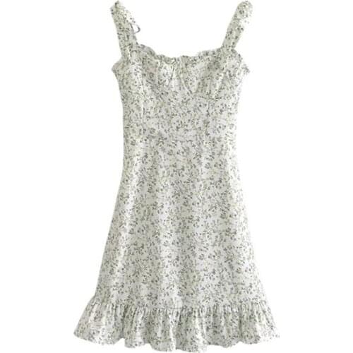 Girls shoulder strap slim waist holiday skirt French ruffled retro floral strap dress summer DLQZ1142