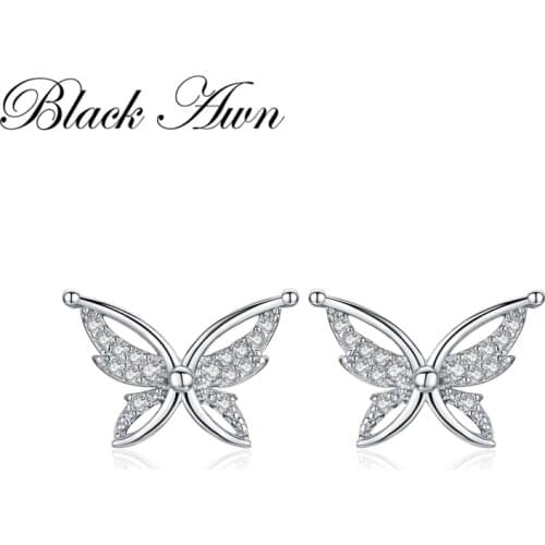 Black Awn Romantic 925 Sterling Silver Jewelry Natural Cute Butterfly Party Stud Earrings for Women Bijoux II111