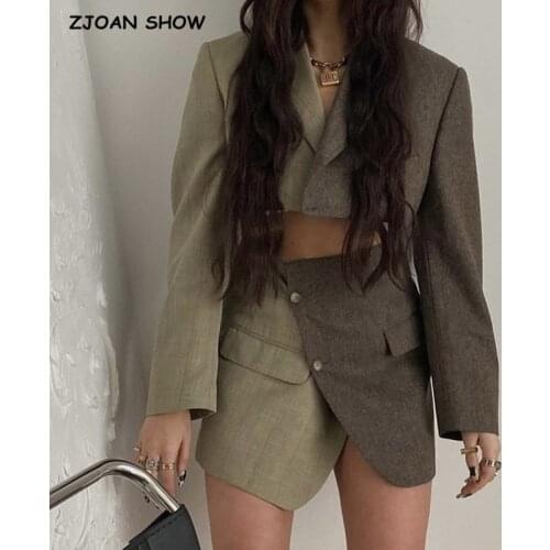 Vintage Sexy One Button Short Women Hit Color Blazer High Waist Irregular Cross Slit Mini Skirt Long Sleeve Suits 2 Pieces Set