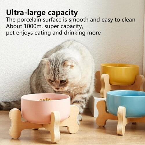 1PC Pet Ceramic Bowl with Bamboo Stand Cat Bowl Dog Bowl Pet Drinking Bowl Food Container Cat and Dog Feeding Supplies