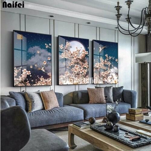 3pcs 5d DIY Diamond Painting Peach Blossom Moon Starry Sky Wall Art Painting Full Drill Mosaic Diamond Embroidery Home Decor