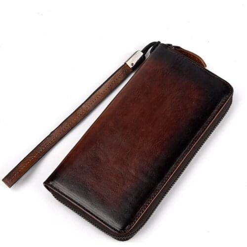 Brand Genuine Leather Women Wallet Handmade Long Purse Vintage Solid Cowhide multiple Cards Holder Clutch Retro Standard Wallet