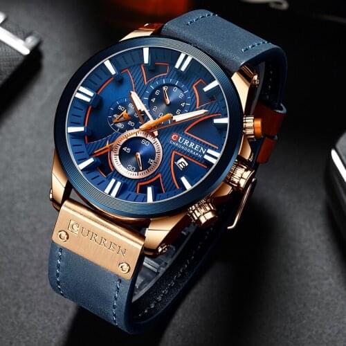 Relogio Masculino CURREN Mens Watches Top Brand Luxury Chronograph Big Dial Watch Men 2019 Leather Blue Gold Mens Wristwatch