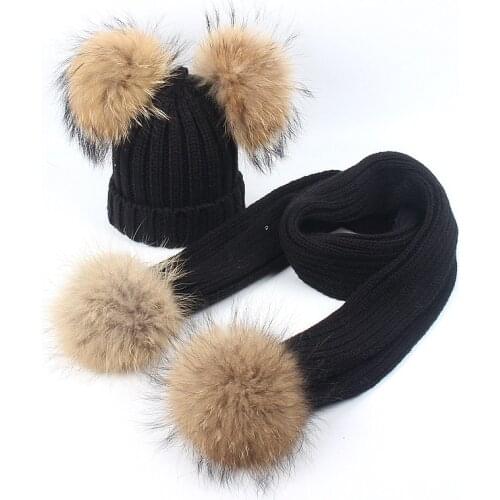 Children Pompoms Winter Hat Scarf Set Girls Boys Winter Accessories Knitted Cap Scarf Set 2 Pieces/Set Fashion Kids Hats Scarves