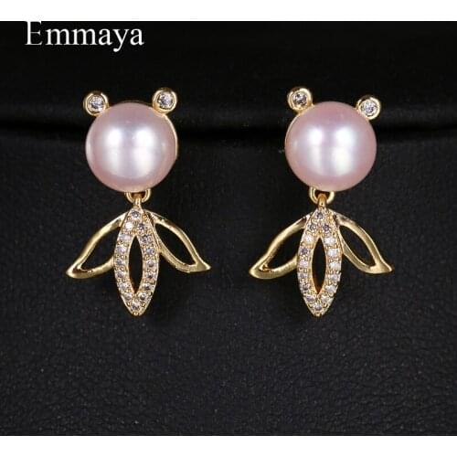 Emmaya Cute Bear Crystal Earrings Pearl Cubic Zircon Earrings for Women Wedding Jewelry Pearl Crystal Earrings Gift
