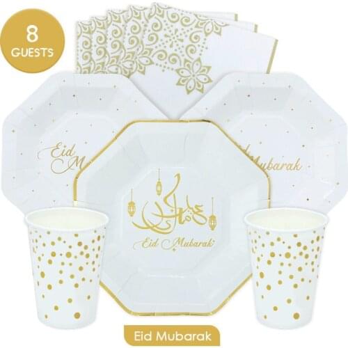 Eid Mubarak Disposable Tableware Aid Ramadan Mubarak Plate Cup Al Adha Kareem Napkin Islam Decor Islamic Eid Party supplies