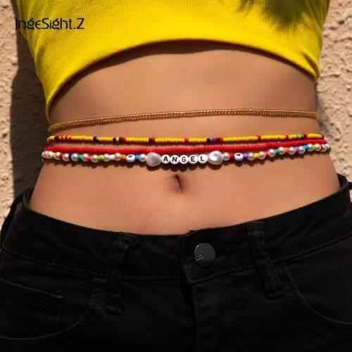 IngeSight.Z 4Pcs/Set Rainbow Seed Beaded Chain Harness Waist Belly Chain Boho Imitation Pearl Acrylic Letter Bikini Body Jewelry