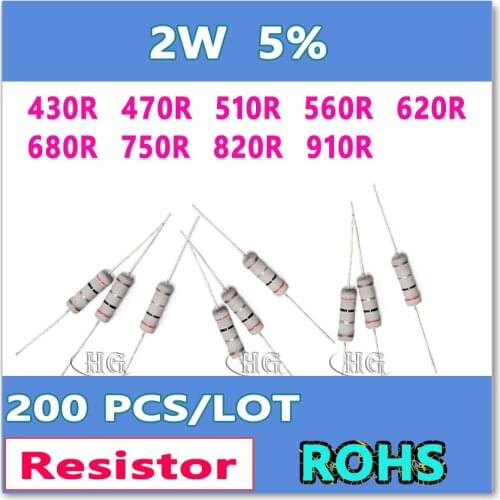 JASNPROSMA 200PCS/LOT 5% 2W 430R 470R 510R 560R 620R 680R 750R 820R 910R carbon film DIP OHM Resistor