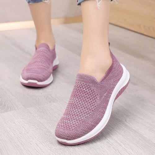 Women Flat Shoes Knit Woman Casual Slip On Vulcanized Shoes Female Mesh Soft Breathable Womens Footwear For Ladies Sneaker