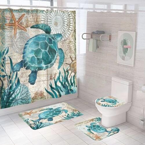 Marine Life Print Shower Curtain 4 Pcs Toilet Cover Bath Mat Beautiful Starfish Beautiful Dolphin Bathroom Curtain with Hooks