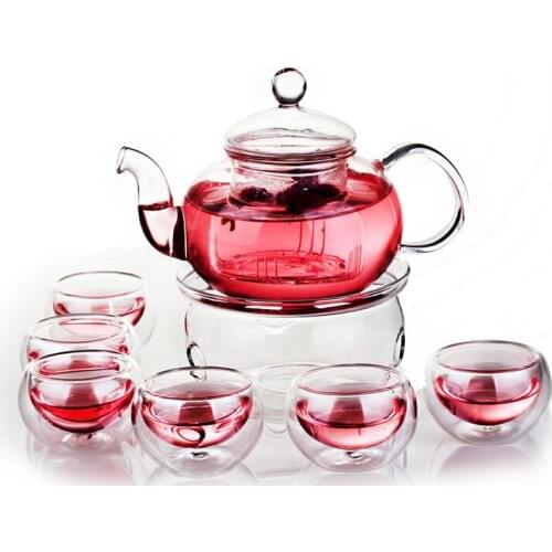 Borosilicate Glass Tea Pot Set Infuser Teapot With Warmer And 6 Double Wall Tea Cups