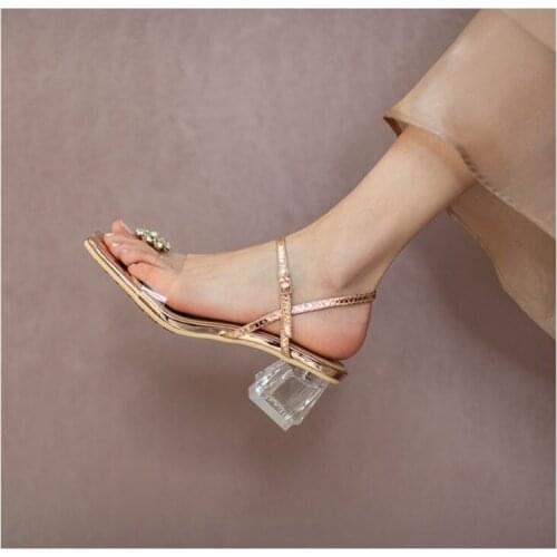 2021 New Rhinestone Women Sandals Summer Shoes Clear Heel Fashion Leather Shoes Sandals Women High Quaity
