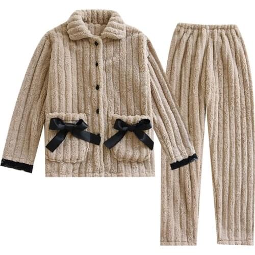 Two Piece Pajamas Set Loungewear Woman Fleece Pants Coral Fleece Pajama Thicken Warm Sweet Cute Winter Home Wear Sleepwear Suit