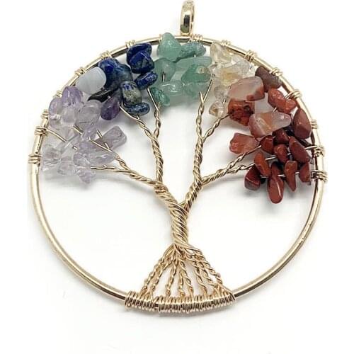 Vintage Women`s Girl Natural Crystal Quartz Gemstone 7 Chakra Healing Tree of Life Pendant Necklace Jewelry Gift Amethyst