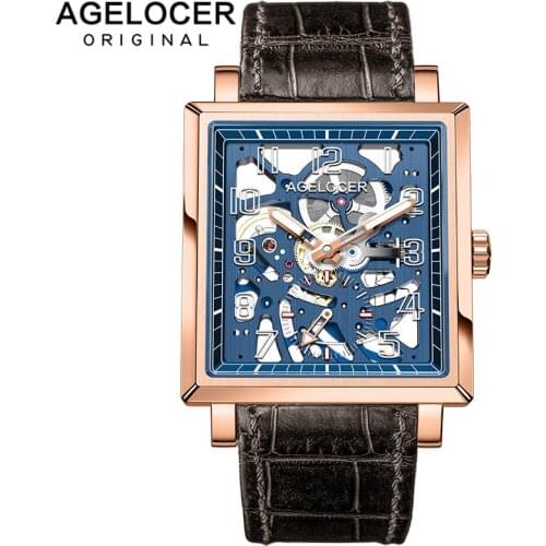 Agelocer Luxury Watch Sapphire Blue Skeleton Dial Automatic Watch Brands Rose Gold Waterproof Watches 3504D2