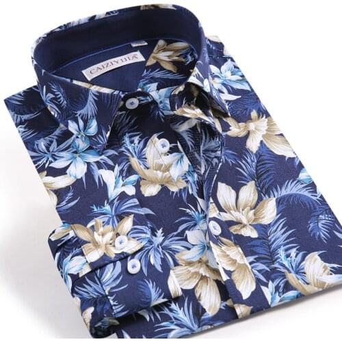 100% Cotton Floral leisure Men Shirts long sleeve Slim fit Square collar Casual Print Fashion soft male holidays shirts