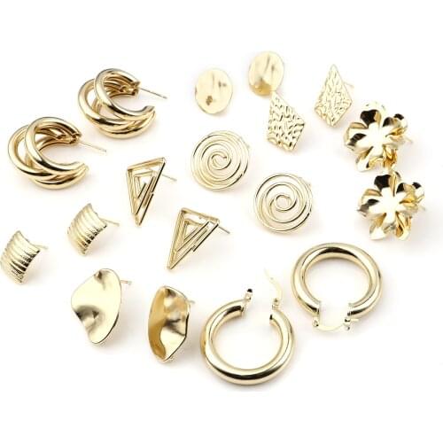 4 PCs Zinc Alloy Flower Geometry Ear Post Stud Earrings With Loop Gold Color DIY Earring Accessories Jewelry Findings Earring