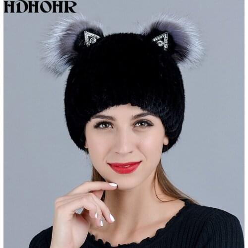 HDHOHR New Fashion Good Quality Winter Womens Vertical Weaving Hat Genuine Natural Fox Mink Fur Cap Lovely Cat Ears Style Hats