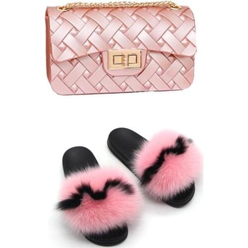 Women Summer Fox Fur Slides Cute Fluffy Slippers Chain Jelly Bag Girls Party Shoes Real Fur Slippers Fashion Furry Banquet Shoes