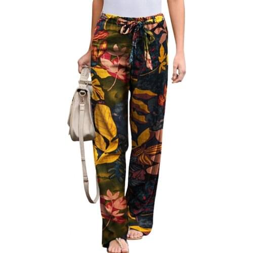 Plus Size Women Pants Vintage Floral Print Drawstring Trousers Mid Waist Straight Leg Loose Ladies Sports Casual Pants