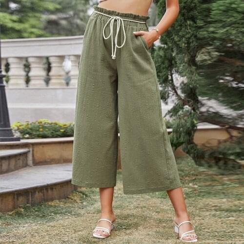 2021 womens medium length straight wide leg pants solid high waist elastic casual womens long pants Beach