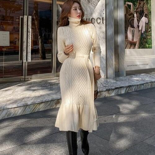 Runway Fall Winter Korean Womens Twist Lazy Simple Mermaid Sweater Knitted Dress Lace Up Warm Sweet Knit Dress Vestido
