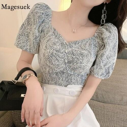 2021 Puff Sleeve New Women Shirt for Women Summer Lace Bandage Short Tops Hollow Vintage Print Square Collar Blouse Blusa 14429