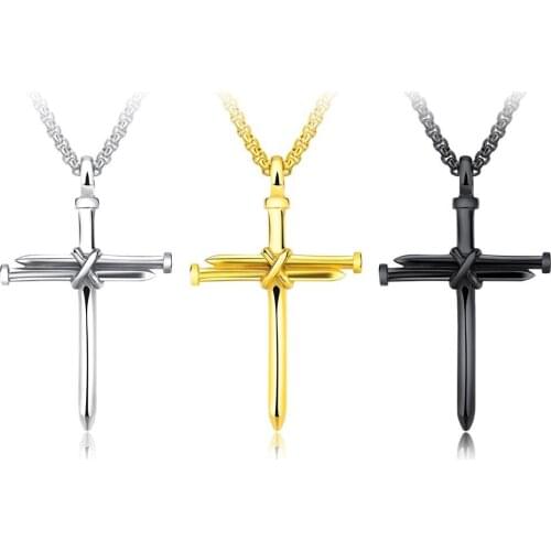 3 Color Choose! High Quality Stainless Steel Christian Nail Cross Mens Womens Daily Jewelry Pendant Necklace Box Link Chain 24