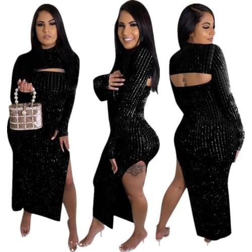 64D936 Autumn Winter Women Casual Fashion Sexy Sequins Two Piece Set Navel Top and Split Dress Tracksuit Sweatsuit Outfits Hot