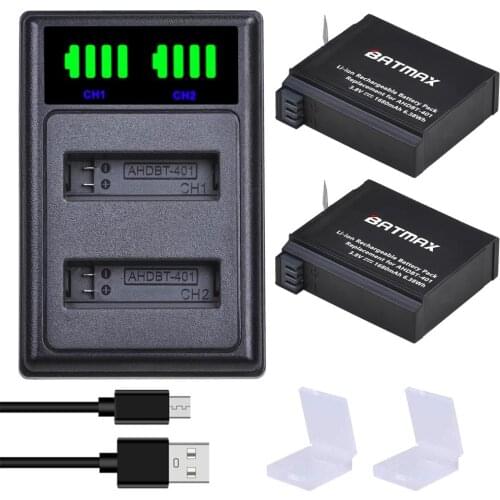 Batmax AHDBT-401 for Gopro battery+New LED USB Dual Charger with Type C Port for GoPro 4 HD Hero 4 Sports Action Camera