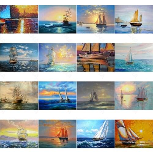 Diy Diamond Painting Sailing Boat Sunrise Nautical Watercolor Painting Fashion Nordic Style Simple Handmade Square Diamond Round