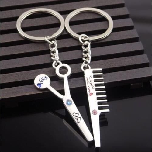 FREE SHIPPING by FEDEX 100pairs/lot New Fashion Metal Barber Tools Keychains Scissors and Comb Keyrings for Lovers Gifts