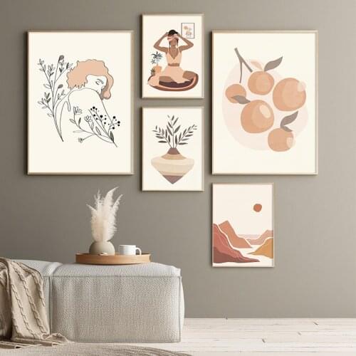 Canvas Painting Boho Abstract Landscape Terracotta Plant Print African Woman Beige Posters Wall Art Pictures Home Interior Decor