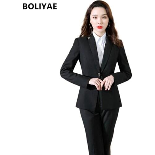 Boliyae Fashion Business Pant Suit Uniform Formal Single Breasted Jacket Black Blazer Set Women OL Work Clothes Two Pieces Suits