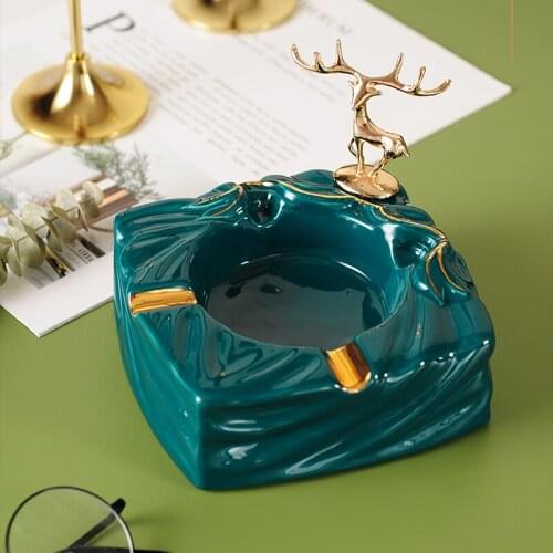 Beautiful golden deer ceramic ashtray Fashionable literary living room decoration square dark green ashtray