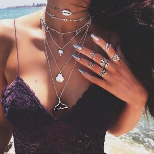 Fashion Bohemian Layered Necklace Women Beach Elements Silver Color Shell Fishtail Pendants Necklace 2020