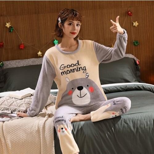 Wholesale 2020 WAVMIT Autumn Winter Women Warm Flannel Pajama Set Thicken Girl Print Pyjama Set Long Sleeve Sleepwear Set Women